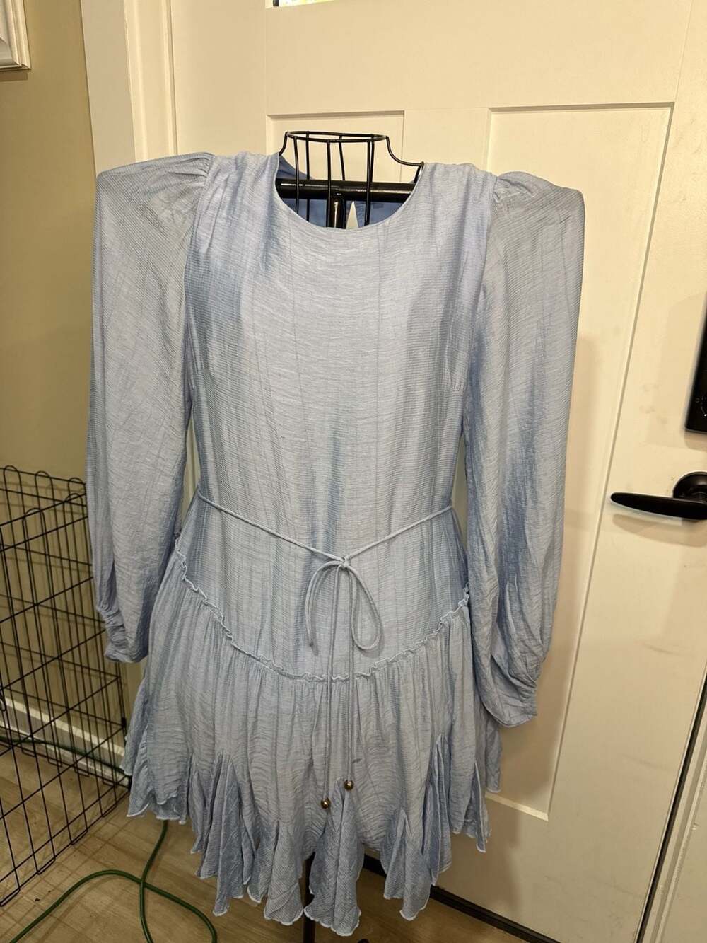 Light Blue Puff Sleeve Tiered Mini Dress with Tie Waist, Size Small